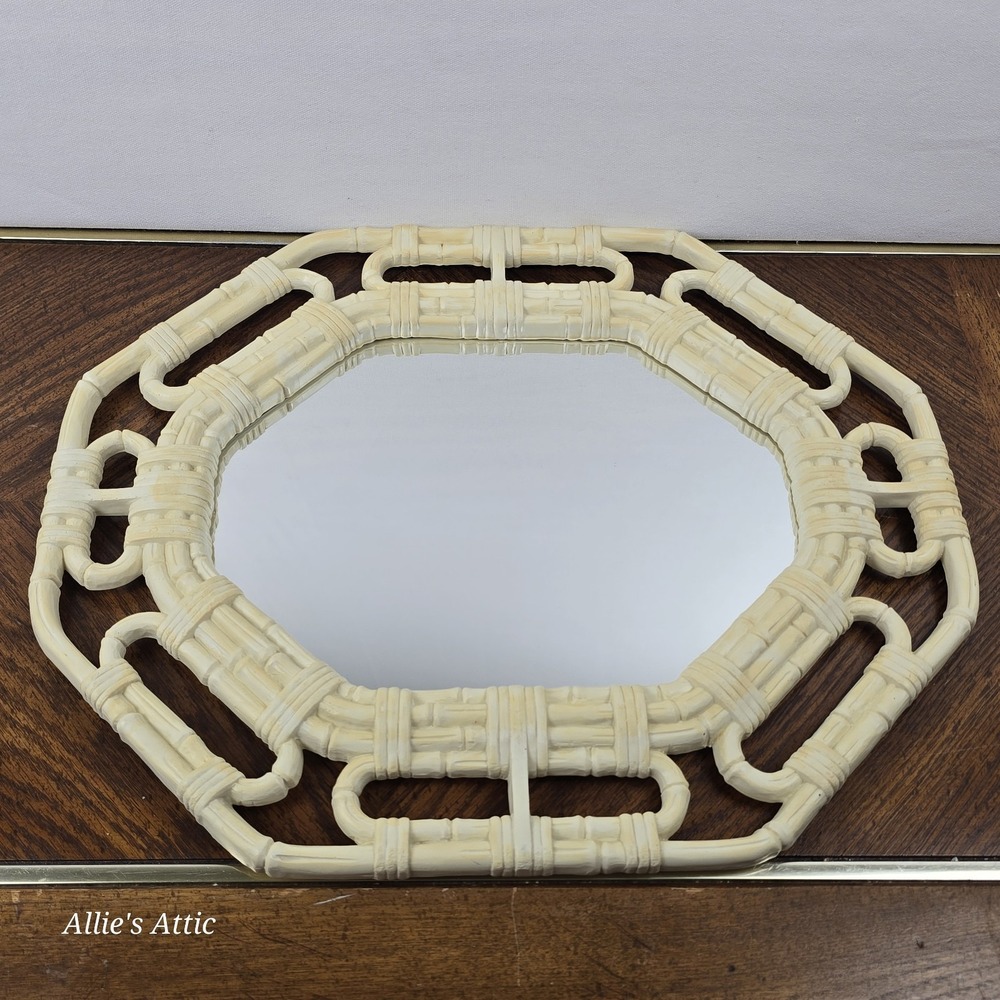 80s Homco Rattan Bamboo Wicker Plastic Octagonal Mirror Vintage Off White‎ 17x14
